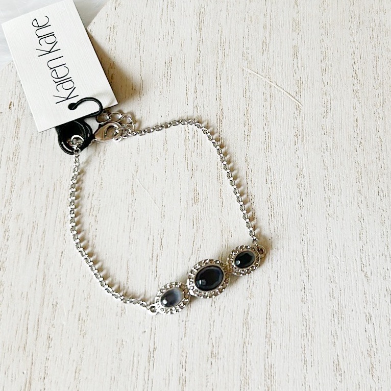New Karen Kane Delicate Silver Linked Black Gem Detail Bracelet